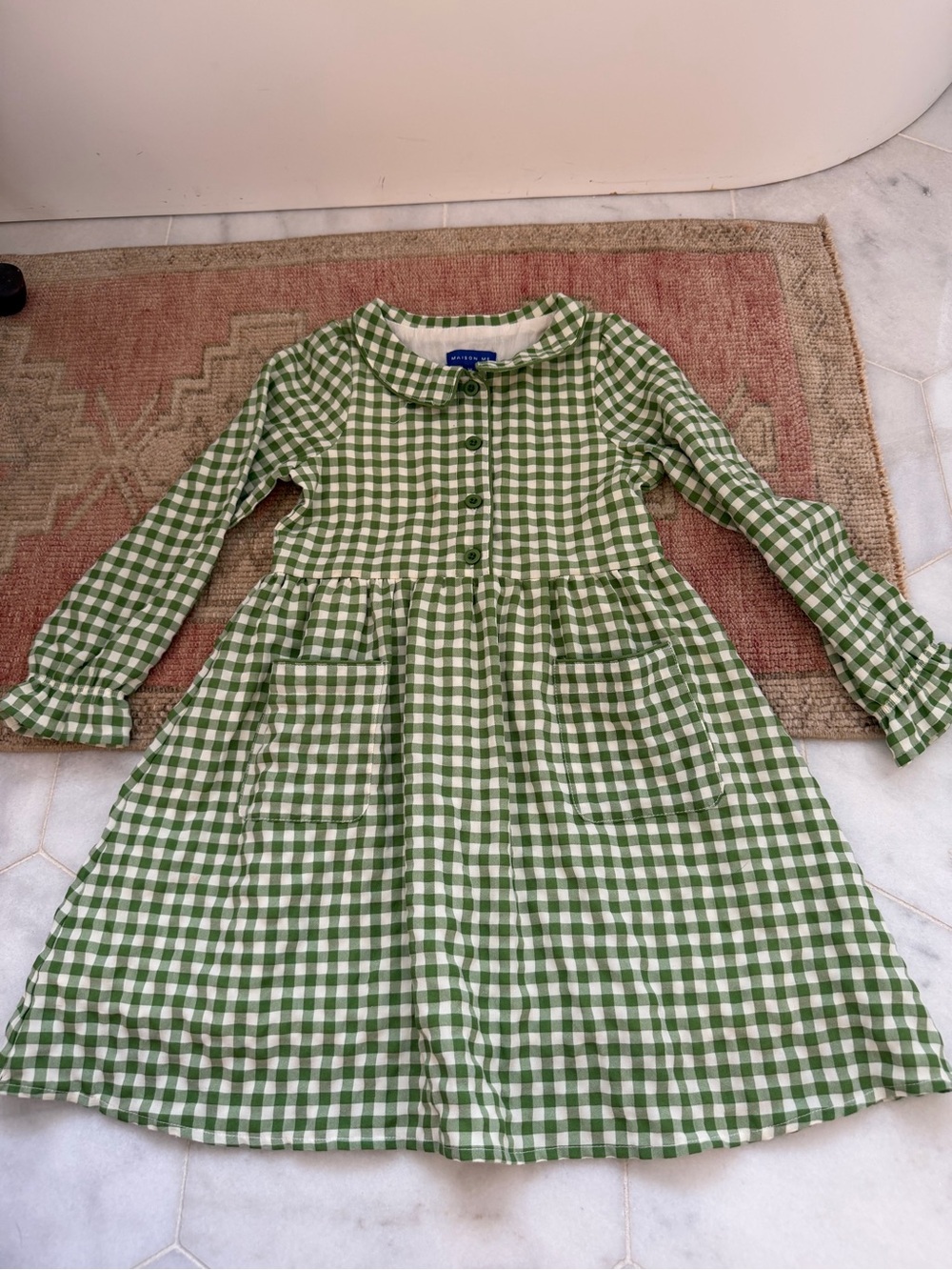 Girls' Green Gingham Long-Sleeve Dress with Peter Pan Collar - Classic Casual